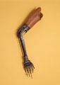 Photo of steel arm with wooden shoulder piece, against a yellow background