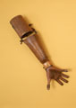 Photo of wooden arm against a yellow background